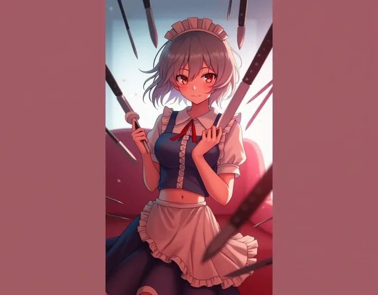 ((16 Nights Sakiya)), ((Touhou Project)), Cosplay, 20-year-old woman, (((gray hair)), ((medium spiky hair)), ((blue maid outfit)), ((white blouse)), midchest, (light)))), (pose))), (photorealistic photo: 1.3), rim lighting, (high detail skin:1.2), 8K UHD, ...