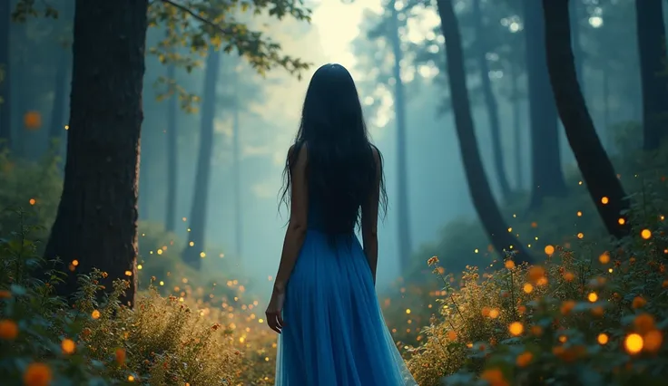 A beautiful enchanted forest full of fantasy colors in the distance a beautiful mysterious Latin-type woman with thin black hair long in a blue dress and small golden sparkles falling around her in a mystical environment of the Andes, Global illumination t...