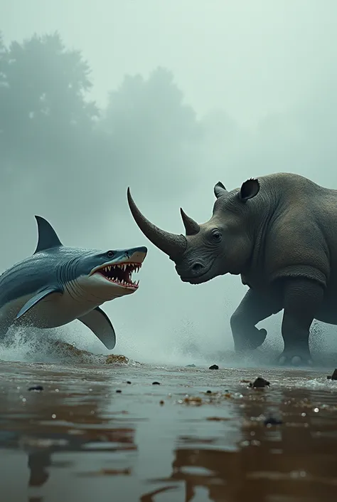 "Create an image of a shark, crocodile, and rhinoceros standing face to face in a tense, dramatic scene. The shark should have its sleek, powerful body, with sharp, serrated teeth visible and its dorsal fin cutting through the water in the foreground. The ...