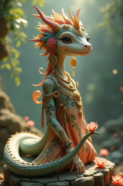 The Art Toy character has a body resembling a human or a snake, wearing a costume with native silk motifs, with accessories such as Lenten candles or small lotus flowers.