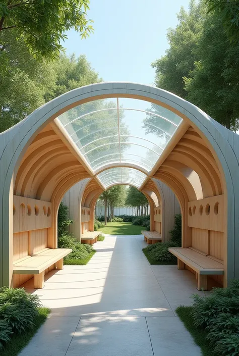 open pavilion, seating spaces, curved and straight walls, alcoves for sitting and large benches for gatherings, see through roof that allows light to pass