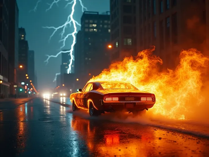 GHOST RIDER in flames stands car through a criminal city at night during a thunderstorm