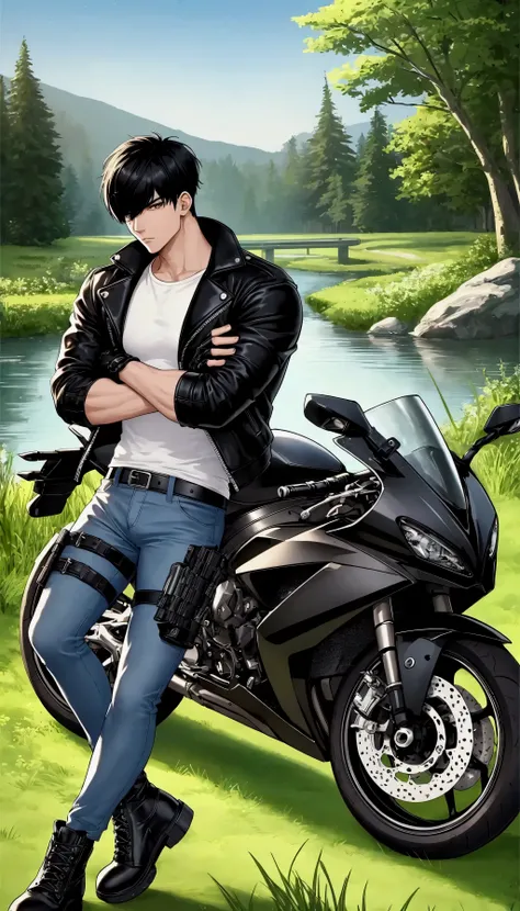 Create an image of a muscular young man with black hair, wearing a white crew-neck t-shirt, layered with a black leather jacket. He is wearing blue jeans with a black leather belt, black motorcycle gloves, black combat boots, and a black holster for a hand...