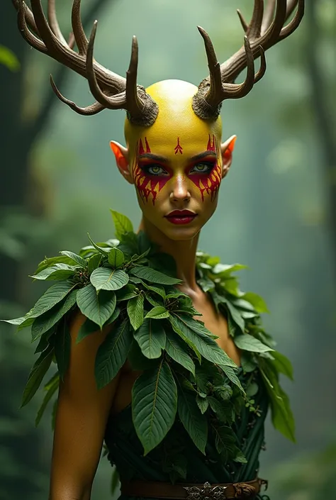 Sorcière peau jaune chauve avec bois de cerf, leaf dress and red facial paints