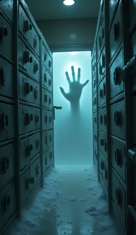 A hospital morgue scene with drawers partially open, icy fog spilling out, and a ghostly handprint on the frosted glass of a mortuary door.