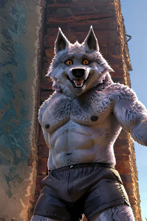 Dynamic angle, dynamic posture,  plump youth wolf man, wolf furry, muscular,Strong limbs, sunny and cheerful, only a black tight shorts, male focused, blush, brown eyes, beautiful beard, male face, big face, square jawline, male eyes, big eyes, male eyebro...