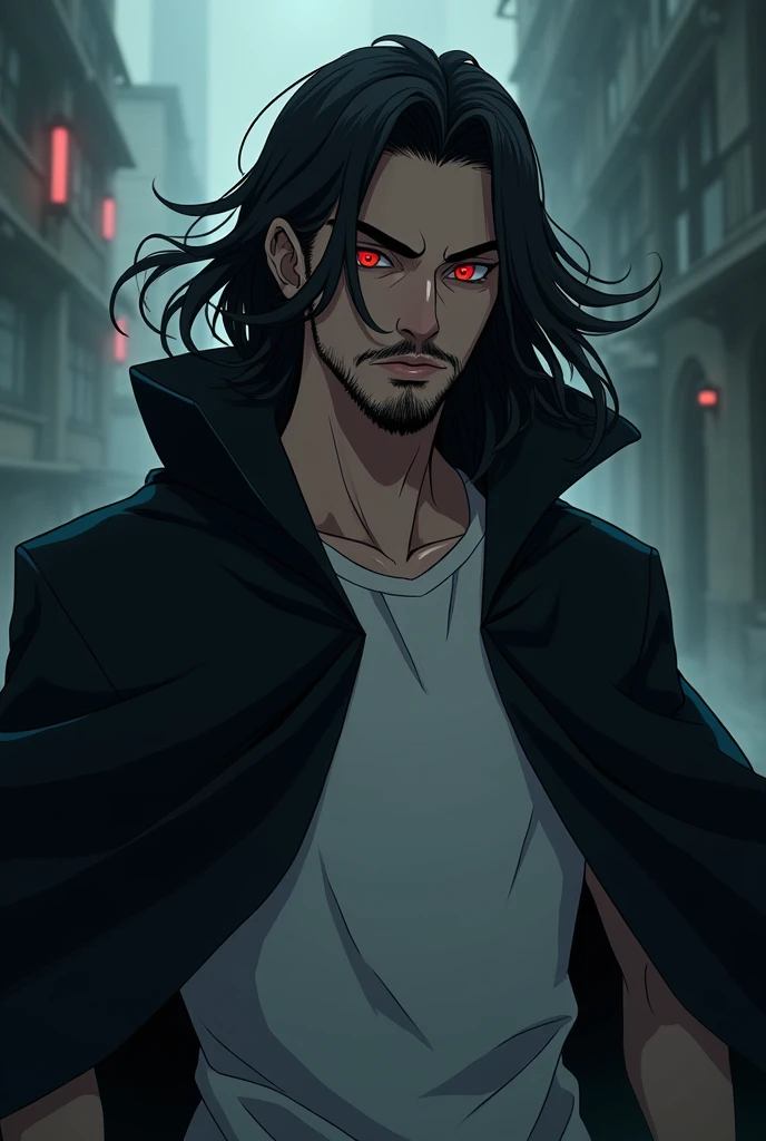 Man with long black hair and medium beard with red eyes wearing a white t-shirt and black cape with a serious smile with a mischievous smile and a dark expression and the environment also gloomy.  anime style 