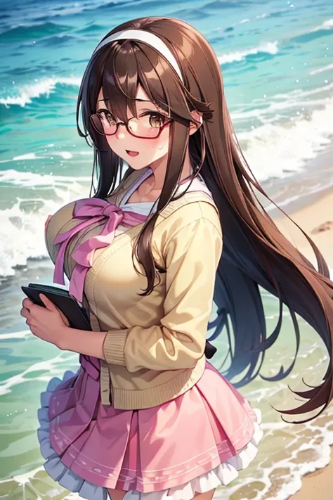  high definition ,  High Quality ,  1 girl,   anime girl ,  brown hair long hair,  Brown Eyes , Green glasses,  sunburned skin, Big Breasts, ( big butt), pink cardigan, white ruffle skirt with pink logo , white knee socks , upper body,walk,At the Beach,