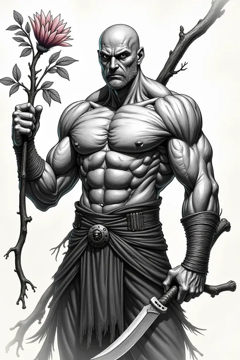 a drawing of a man holding a branch with leaves on it, with a knife in his hand and a flower in his other hand, Benjamin Marra, fantasy art, character design, an ink drawing