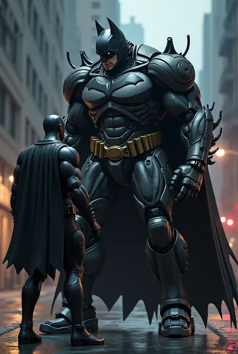 Black Batman from DC photography, biomechanical, complex robot, full growth, hyper-realistic, insane small details, extremely clean lines, cyberpunk aesthetic, a masterpiece featured on Zbrush Central, fighting with Hulkbuster from Marvel photography, biom...