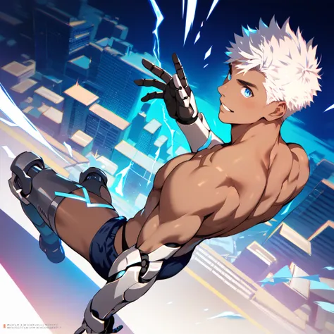 ultra detailed, master piece, best quality, cinematic angle, motion lines, focus male, detailed eyes, detailed hands, dark skin male, whole body, muscle, thong, white hair, expressive blue eyes, cyborg, cyber arms, cyber legs, shirtless, night city back gr...