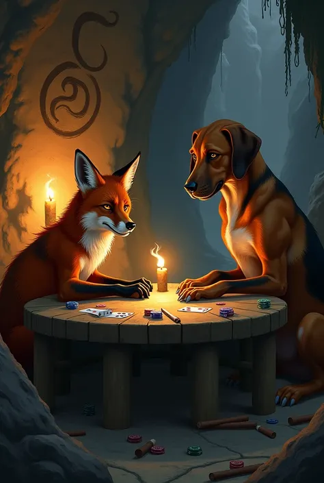 Fox playing cards with a bloodhound in a cave