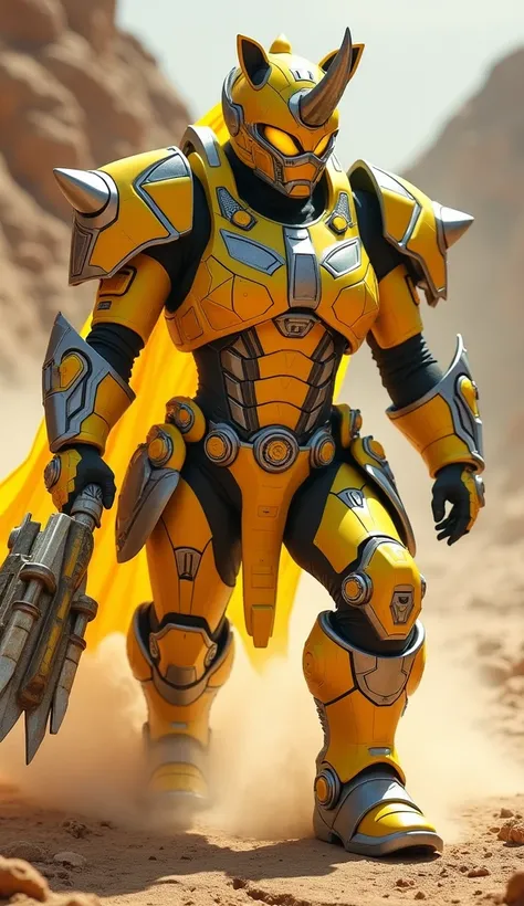 A stunning hybrid between the female yellow Power Ranger and a powerful rhino. She has a strong and agile figure, covered in high-tech armor with details that combine the classic yellow Power Ranger design with rhino-inspired elements. The armor features r...