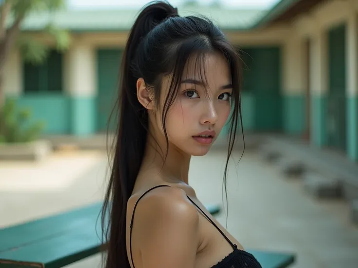  Real photo High quality Realistic Thai woman , beautiful girl (((ngực lớn, topless, nsfw))),  best quality , Undressed 20-year-old Thai girl stands near a green metal table,  she is undressed (((ngực lớn, topless, nsfw)).  Her long black hair is tied into...