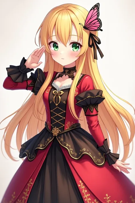 little anime girl with long yellow hair wearing a pink butterfly hairpin wearing a red-black princess dress emerald green eyes saluting aristocratically