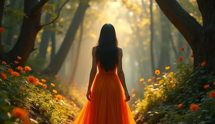 A beautiful enchanted forest full of fantasy colors in the distance a beautiful mysterious Latin-type woman with thin black hair, long in an orange dress and small golden sparkles falling around her in a mystical environment of the Andes., Global illuminat...