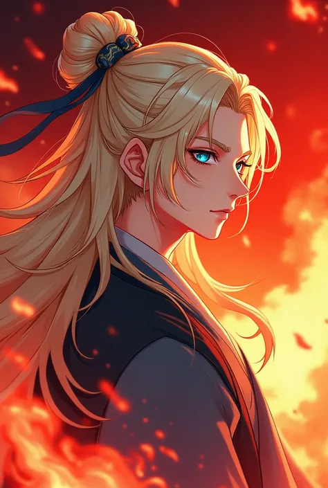  An Asian banner of a long-haired young man in side profile he has a half-bun and a harpiece, The banner should be red with lots of flames , he is fair-skinned ,  has blue eyes and blond hair