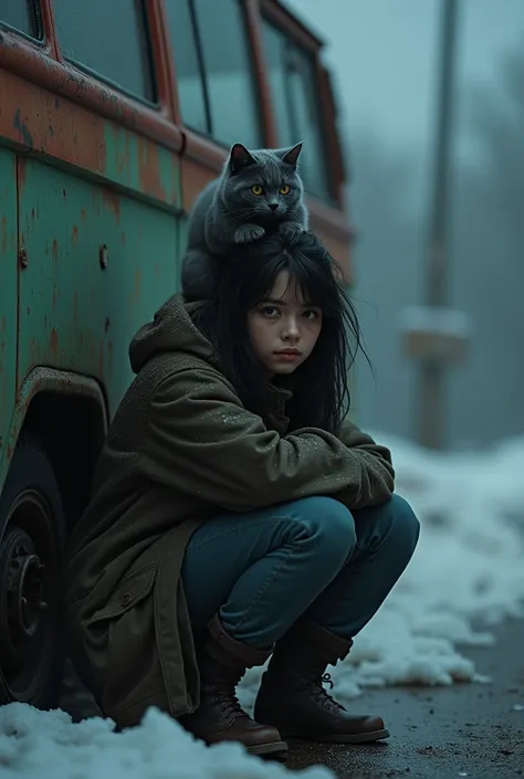 an image of a 20-year-old girl crouching in front of a rusty van and underneath a small gray cat on a winter night after the rain