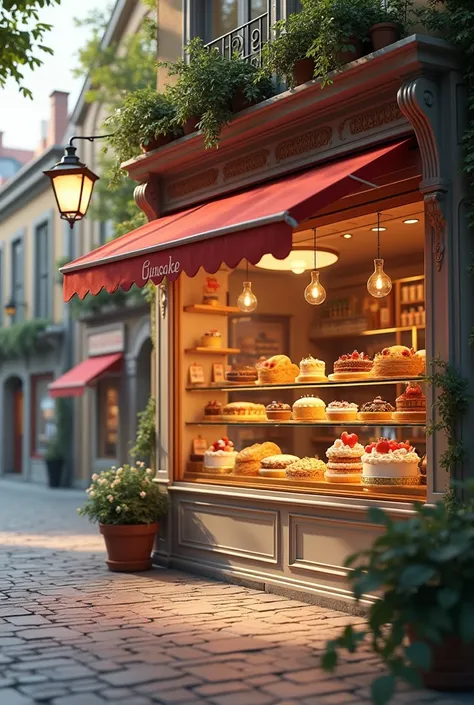 Create a realistic image of a pastry shop with cakes in the window