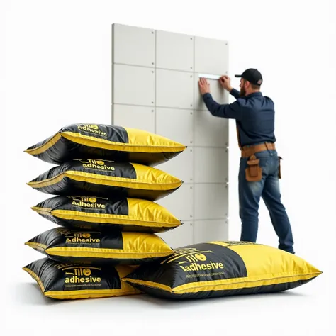 The tile adhesive small 20 kg paper bags of light yellow and black colored combinations, stacked on top of each other, write TILE ADHESIVE on bags , some bags standing up and some lying down. I need this image in png formate
Add a tile fixer is fixing yell...