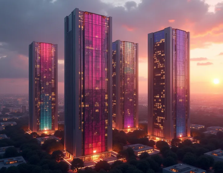 A city skyline at dusk where the buildings are shaped like large eyeshadow palettes. Each window glows with the colors of the palette, creating a stunning blend of natural and makeup-inspired hues