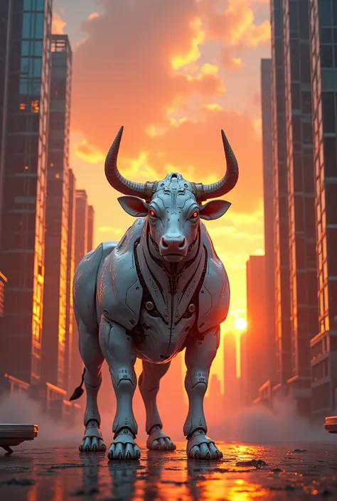 Fire Bull in white glossy cyborg costume standing between  sky scraper at sunset 