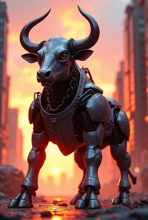 Fire Bull in white glossy cyborg costume standing between  sky scraper at sunset 