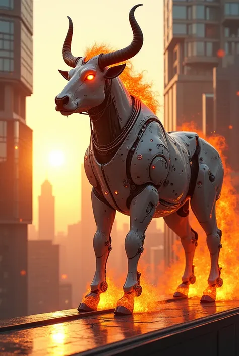 Fire Bull in white glossy cyborg costume standing between  sky scraper at sunset 