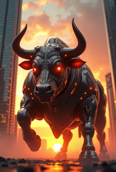 Fire Bull in white glossy cyborg costume standing between  sky scraper at sunset 