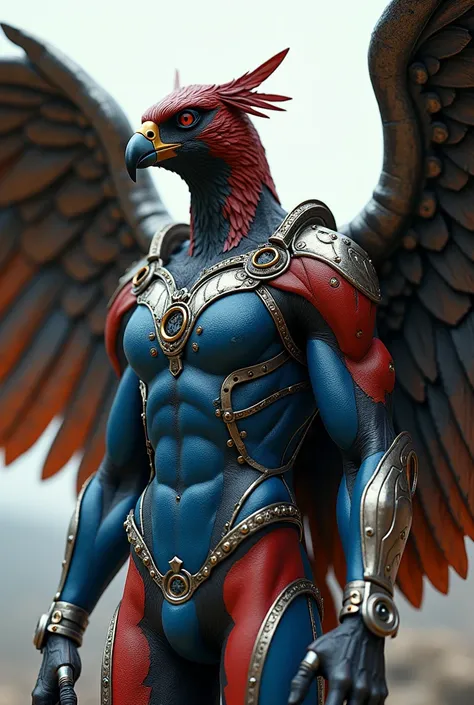 Full body photorealistic shots of handsome hunky slender Falcon. Wearing blue and red steampunk themed suit. With a big massive metallic armor wings,,Steampunk futuristic as background 