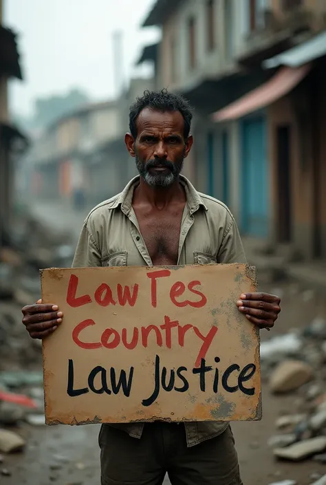 Photoshot of a  with a torn shirt "  and a slum looking at himself holding a sign that says justice in my country is sadistic 