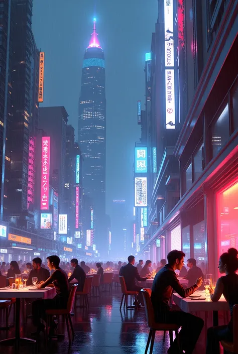 Dining with skyscrapers Restaurant Night view Neon Cyberpunk Big city