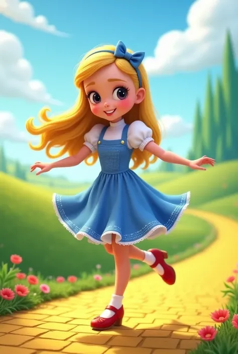 1girl, Dorothy from The Wizard of Oz, cartoon style, long blonde hair, blue and white dress, ruby red sparkling tap shoes while tap dancing sexy on the yellow brick road, cute and whimsical expression, detailed facial features, detailed eyes and lips, fant...