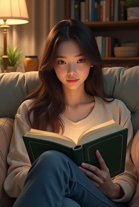  34-year-old woman long dark brown hair height 1.70 brown eyes with lenses reading a book on a sofa 