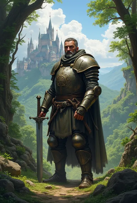 Create an illustration of a warrior and in the background the kingdom with a base forest