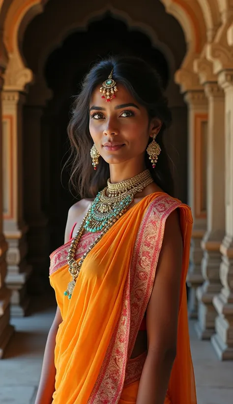  , the most beautiful woman ever , indian , thick , dark skin , 35 year old   , light green eyes , divine beauty  . posing , posing in beautiful hindu   temple doorway , wearing beautiful  saree and blouse , bride , supermodel , full body pose , ancient ri...