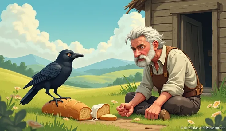 The Farmer’s Frustration

Description: The farmer sits up, realizing his bread is gone. He looks up at Kaku on the branch, who is munching away.
Action: The farmer yells, “You sneaky crow! Your tricks won’t last forever!” Kaku dismisses his anger, feeling ...