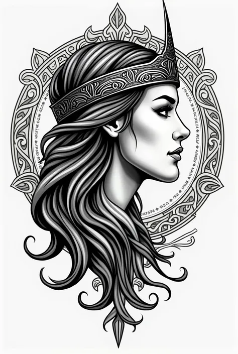  Create a tattoo template of a beautiful Viking woman in profile. Just the head with a Nordic crown on .
