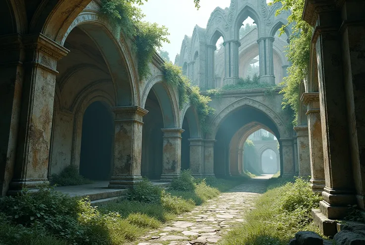 a ruined ancient city, crumbling stone buildings, overgrown with vines and moss, sunlight filtering through the decay, mysterious atmosphere, detailed architecture, intricate carvings, weathered textures, dramatic lighting, muted color palette, cinematic c...