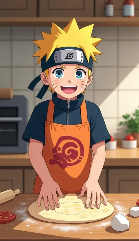 Naruto Uzumaki, the cheerful ninja with blonde spiky hair and wearing his signature headband, standing in a simple, cozy kitchen. He is wearing a cute apron with a playful design, like a pizza pattern or a funny slogan. Naruto is happily preparing pizza do...