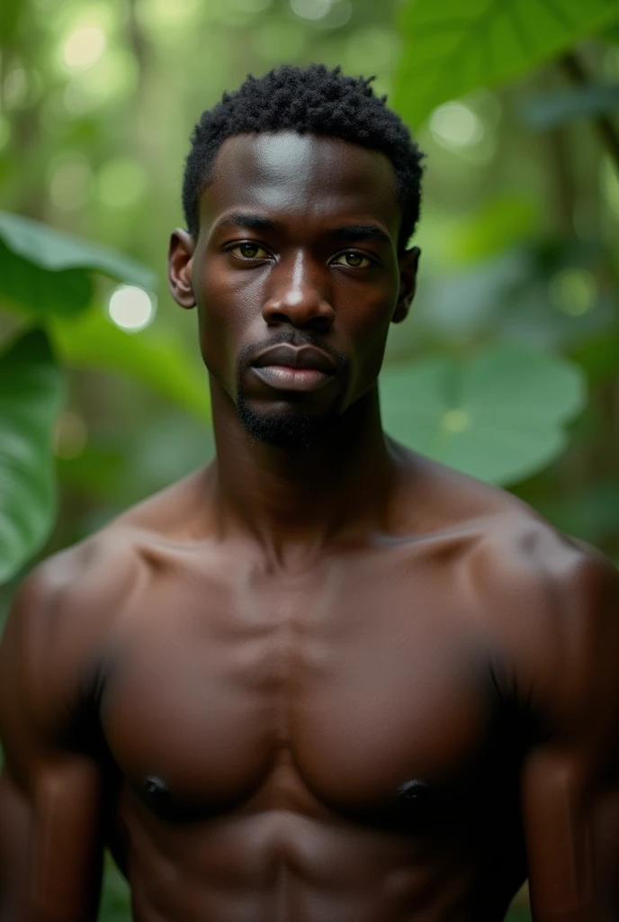  Young man, negro, Very beautiful, Body with a strong physique,  light green eyes , without shirt,  IN A NATURAL ENVIRONMENT , real image.