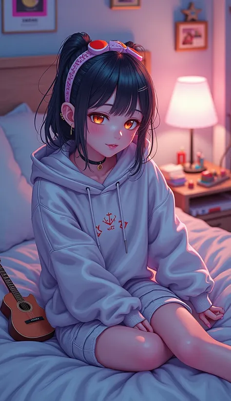 The girl lay on the bed，Holding a guitar and a bunch of toys, Guviz-style artwork, Anime girl cosplay, cyberpunk girl, style of anime4 K, e - girl, E-Girl, Guviz,   Fanart Meilleure ArtStation, Guweiz in Pixiv ArtStation, anime-inspired, Cyberpunk Girl in ...