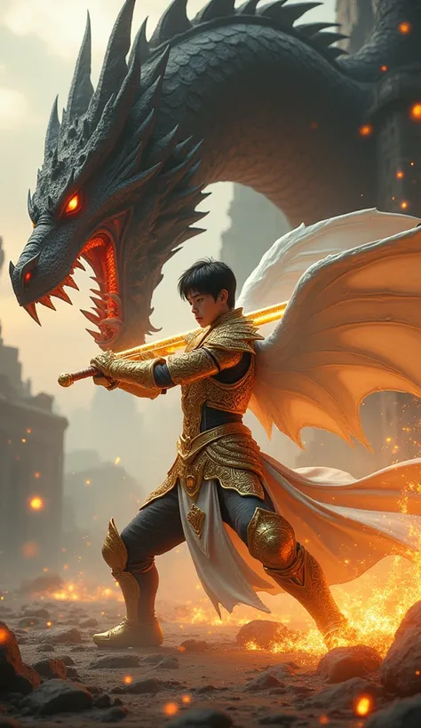 A handsome young Asian male knight flat angry facial expression ,  Black short hair ,with full golden flaming fire armor with a dragon motif carving ornament on his dragon armor from neck to toe, has large white wings , attacking pose holding a giant golde...