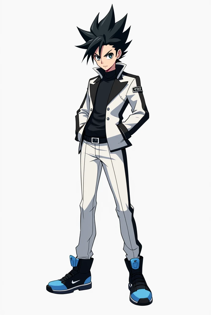 Anime man with black spiky hair clothes white and black shoes blue 