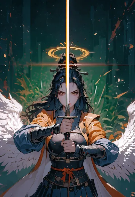 Japanese woman, has a samurai armor with black raven feathers on, ((angel wings)), ((glowing yellow halo over head)), Long black hair and brown eyes, black eyeliner, long eyelashes, breasts are visible, looks at the viewer, she looks at the viewer pessimis...