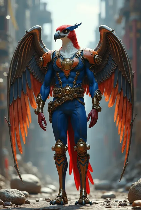 Full body photorealistic shots of handsome hunky slender Falco. Wearing blue and red steampunk themed suit. With a big massive metallic armor wings,,Steampunk futuristic as background 