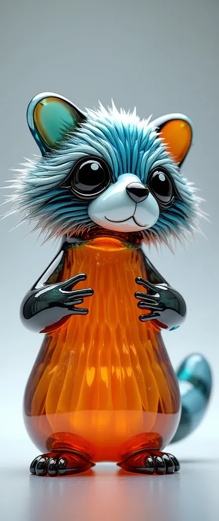 A 3D render of a glass artwork of a cute extra fluffy baby water raccoon. The raccoon is made of molten glass of different colors. The artwork is a work of art that enchants with its proportions and improbability of the composition. All the elements are wo...