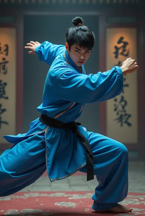 Young man shark style fighter, blue kung fu suit