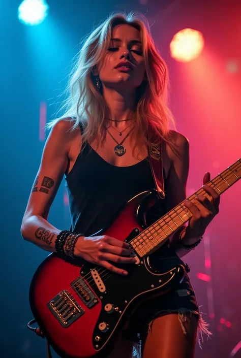 20years old gorgeous model, sweat skin ultra-detaile realistic , playing electric guitar, stage performance, luxuriant eye lashes, glossy lips, delicate nose, eyes closed, playing guitar on Deep melody, wearing black GunsNRoses band tank top, mini short ri...