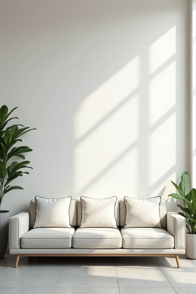 Creat a beautiful three seater moden sofa in a living room with 4 or 5 white plain chusions . On a light grey tiled floor, and their is a light coming in the room from window and there is a big metallic planter in a room 